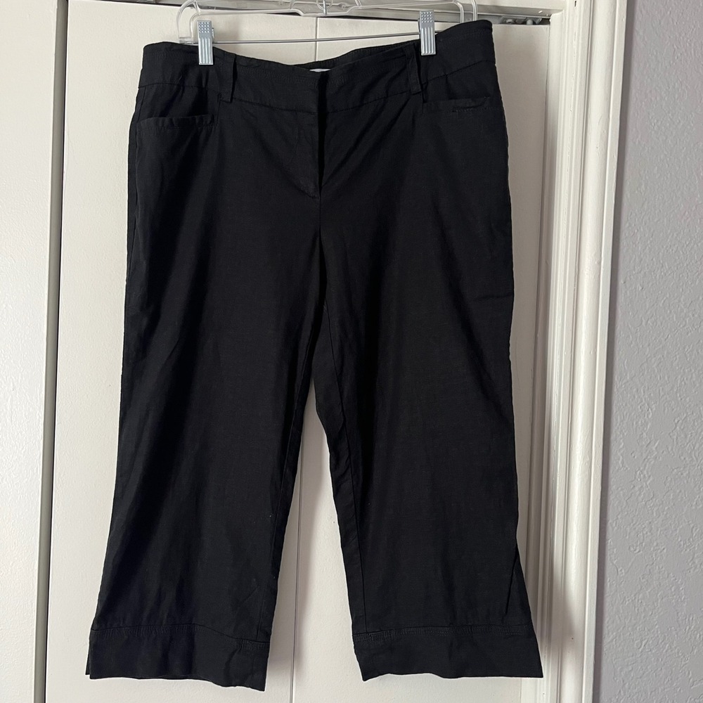 New York & Company Black Linen Blend Capri Pants Women Size 10 Stretch Cropped